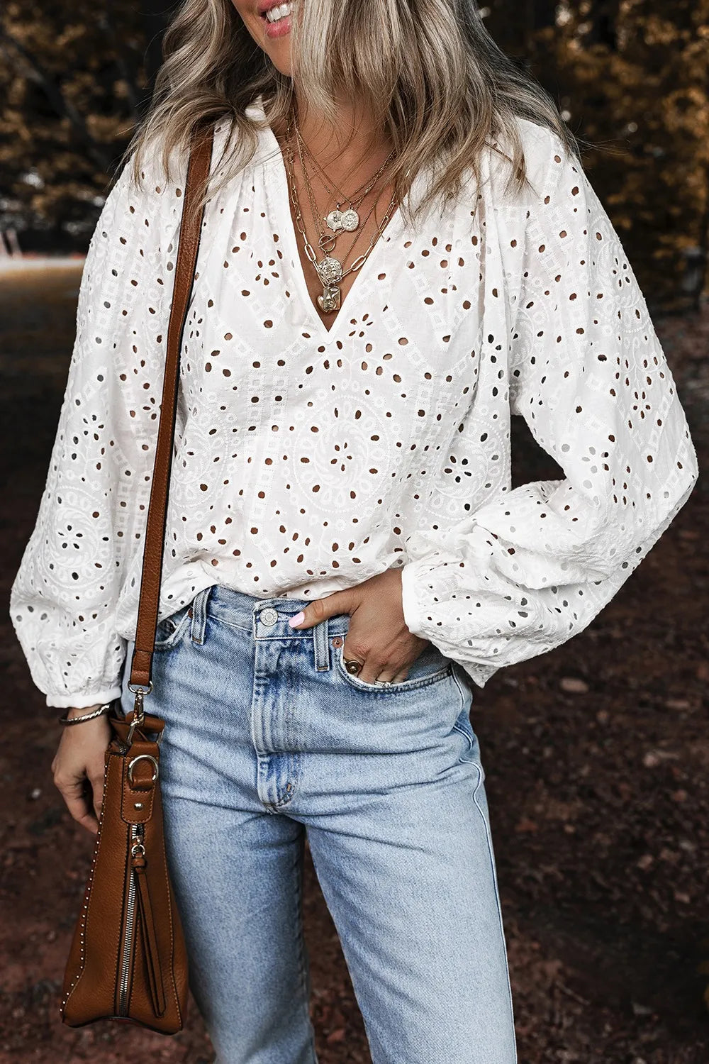 Brigid Eyelet V-Neck Long Sleeve Blouse — view 1