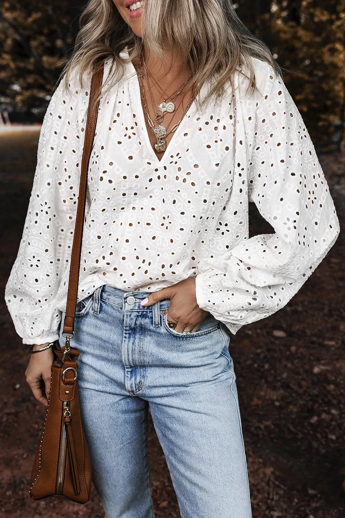 Brigid Eyelet V-Neck Long Sleeve Blouse