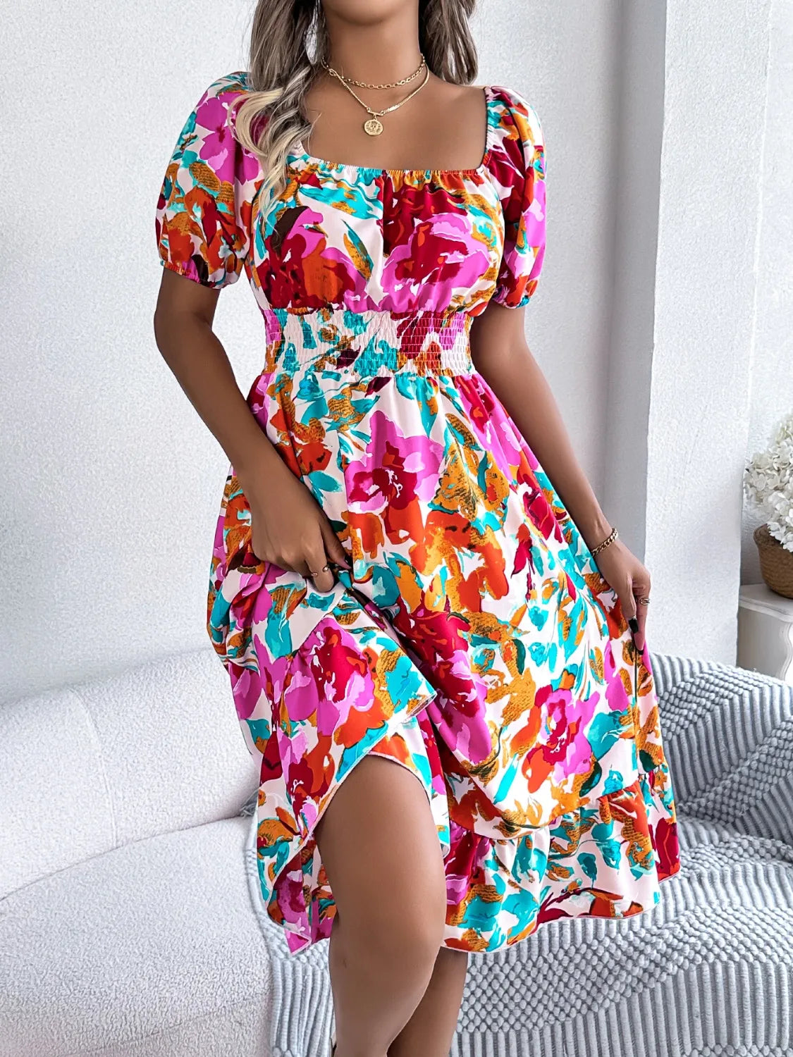 Venus Ruffled Hem Smocked Floral Short Sleeve Midi Dress — view 5