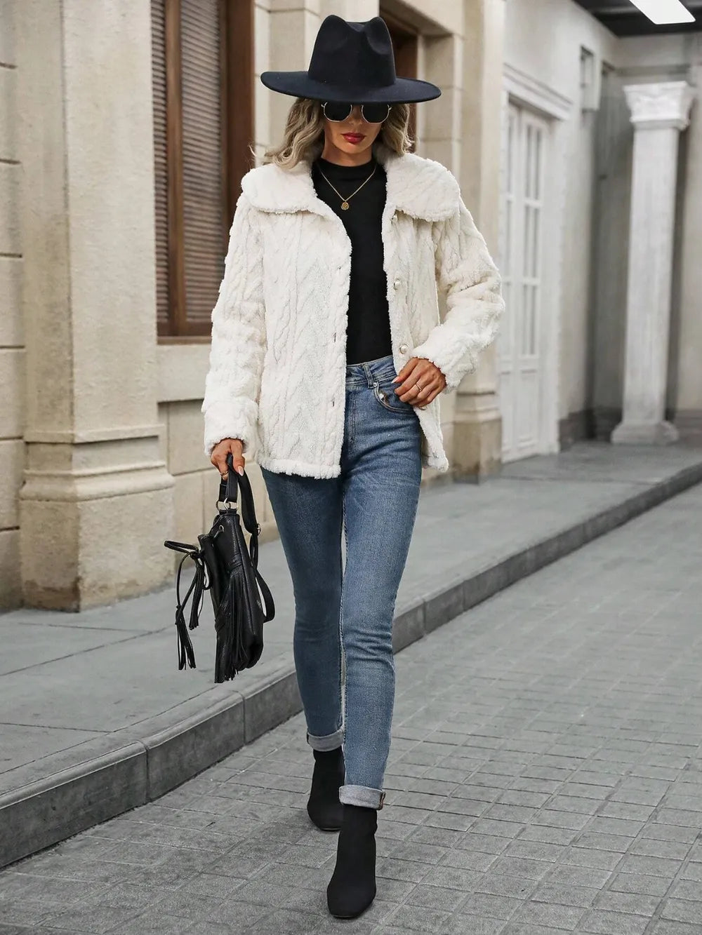 Eir Fuzzy Texture Button Up Collared Neck Coat — view 5