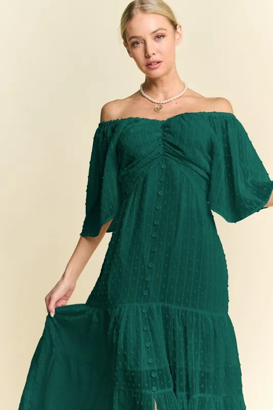 Venus Swiss Dotted Ruched Ruffle Open Back Midi Dress — view 5
