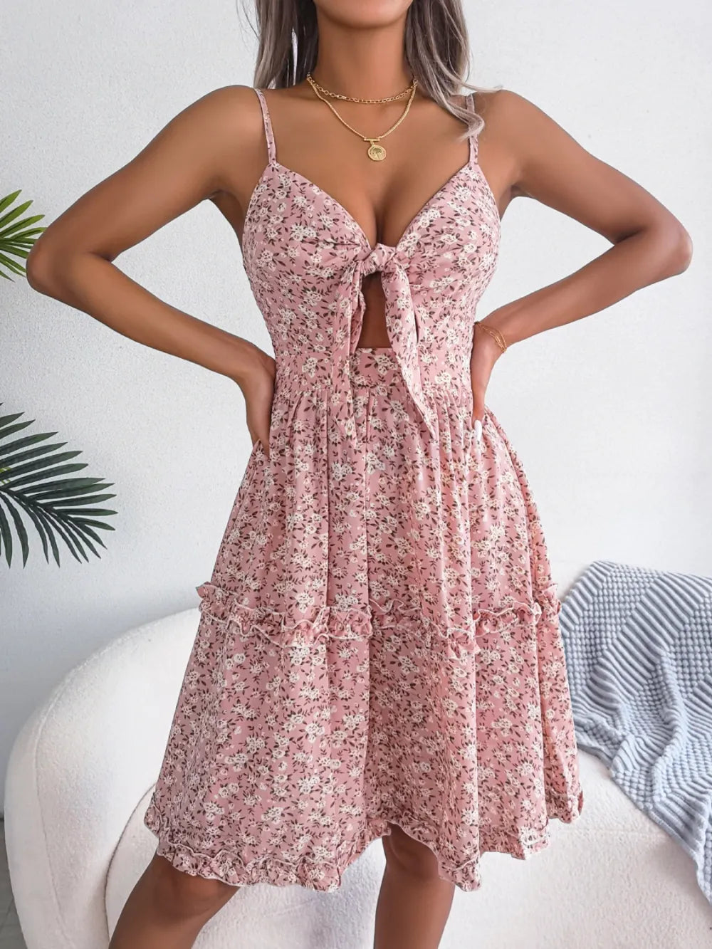 Aurora Frill Ditsy Floral Spaghetti Strap Mini Dress — view 4